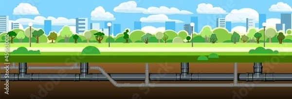 Fototapeta Pipeline for various purposes. Underground part of system. Against backdrop of big city. Illustration vector