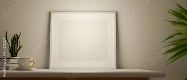Fototapeta Mockup poster on top table in home interior background, indoor plants, Scandi-boho style
