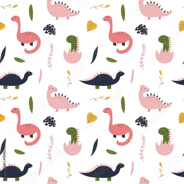 Fototapeta Cute hand drawn seamless pattern with girl pink dinosaur, baby dino in egg. Colorful design for kid fabric, textile, nursery. Childish vector decorative print.