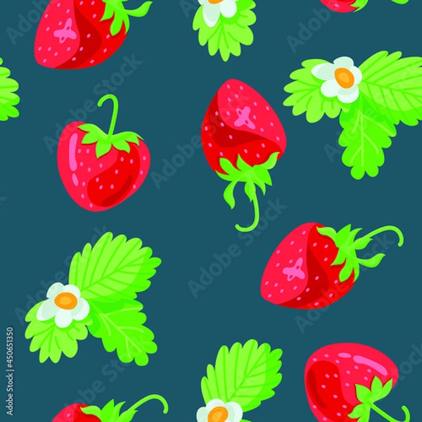Fototapeta Vector pattern with strawberry leaves and flowers on a blue background. Hand drawn flat illustration.