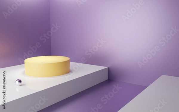 Fototapeta Yellow cylinder podium abstract geometric purple background. Lilac, White, pedestal or stage modern with metal sphere. Empty minimal studio room. Mockup space for product stand. 3D rendering.