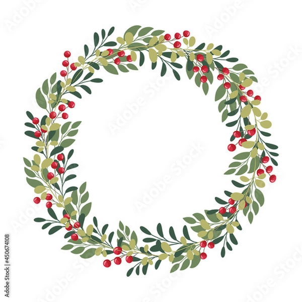 Obraz Christmas wreath made of branches, leaves and red berries.