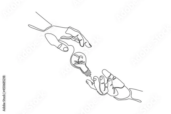 Fototapeta Continuous line drawing of green plant tree in light bulb and two palm hands. Creative green earth nature saving single one line art. Vector illustration