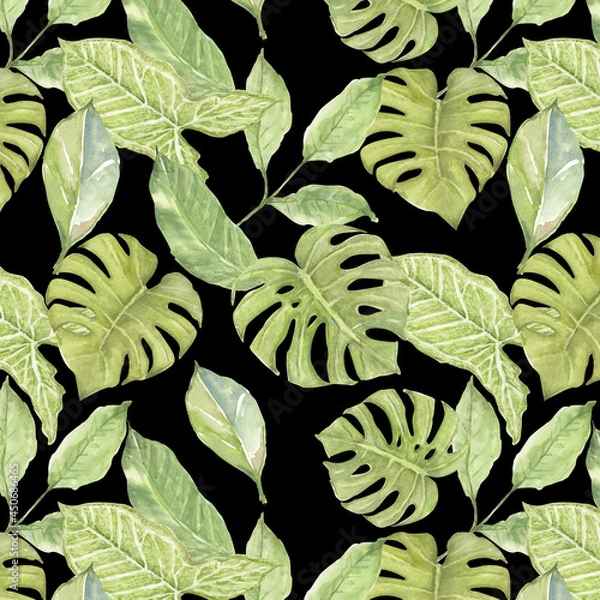 Obraz Green leaves seamless pattern background, watercolor hand drawn