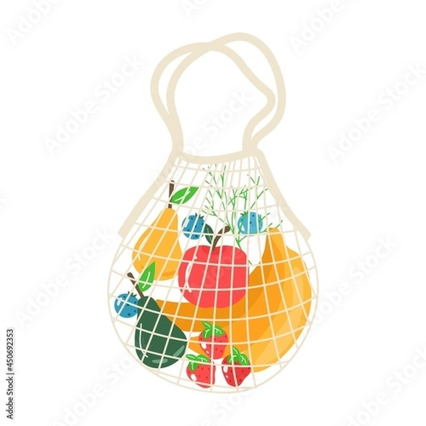 Fototapeta Cotton eco shopping net with vegetables, fruits and healthy drinks. Dairy food in reusable eco friendly shopper bag. Zero waste, plastic free concept. Flat trendy design