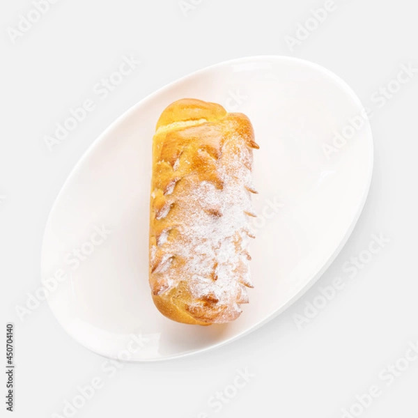 Fototapeta sweet fresh buns with powdered sugar on white background