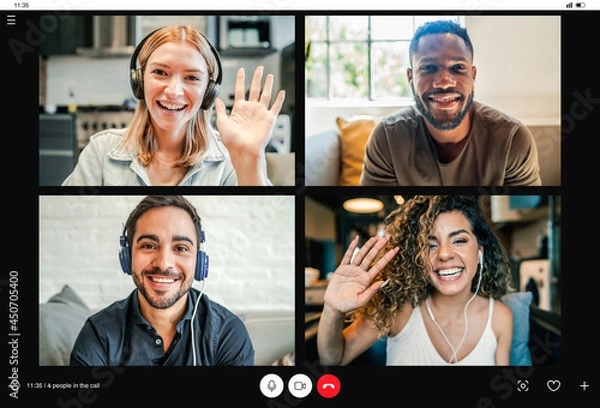 Fototapeta Group of people on a video call from home.