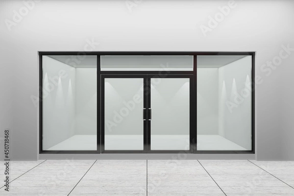 Fototapeta Front view of an empty storefront of shop. Design with black aluminuin and glass. 3D Illustration Rendering.