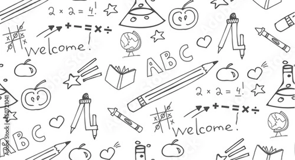 Fototapeta seamless pattern with hand drawn school, doodles and back to school, very cute elements and pencils
