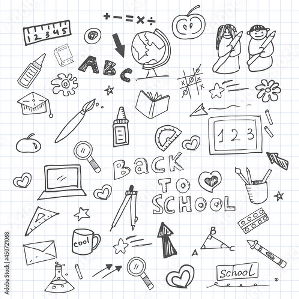 Fototapeta Hand drawn doodles with school elements, back to school for the start of the school year with paper background