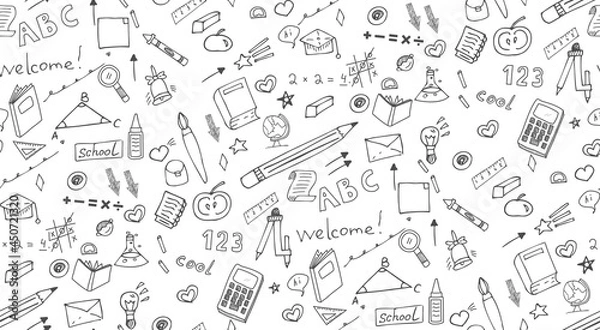Fototapeta seamless pattern with hand drawn school, doodle and back to school