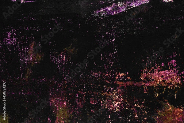 Fototapeta colorful shiny stitches, scratches, spots on black painted metallic background