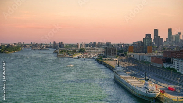Obraz View of old port area with large ship, middel of the summer, Montreal, Canada
