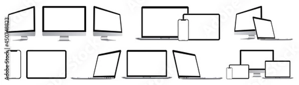 Obraz Realistic mockups of technology devices with empty screens set : Laptop computer, monitor, smartphone, tablet. Device mockup collection with shadow. Big set mock-up display, vector illustration.