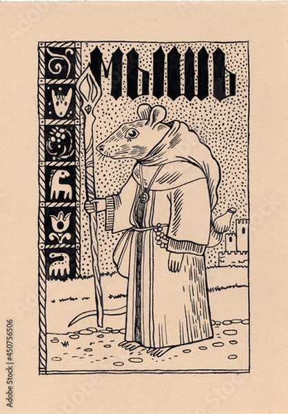 Obraz medieval mouse monk with magic staff
