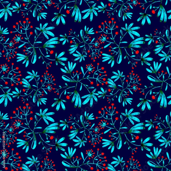 Fototapeta Seamless repeatable pattern. Scandinavian Floral design. Berries. Winter mystic garden. Magical autumn vibes. Digital painting. Hand drawing. Colored pencil texture. Colorful. Original illustration.