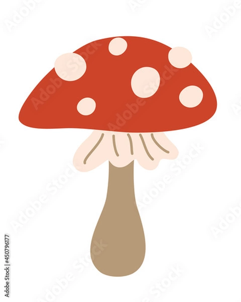 Obraz Fly agaric. Amanita mushroom. Poisonous toadstool fly agaric.  Red mushroom. Cartoon flat Vector illustration isolated on white background.