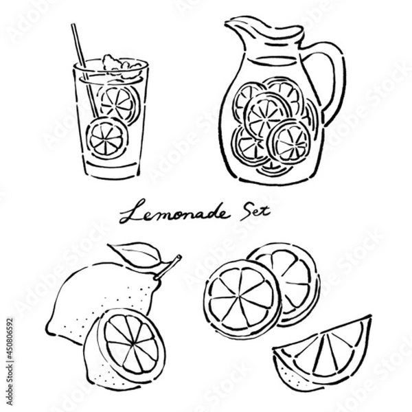 Fototapeta 墨絵風のレモンとレモネードのベクターイラストのセット
