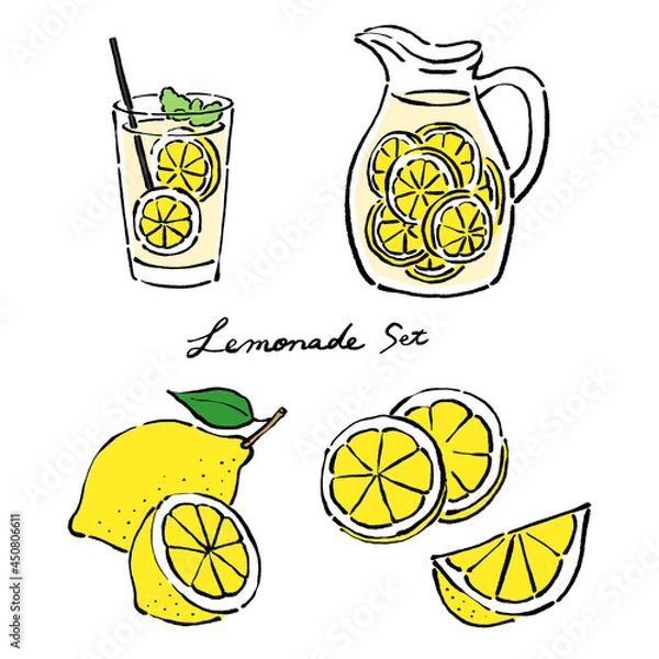 Fototapeta 墨絵風のレモンとレモネードのベクターイラストのセット