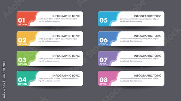 Fototapeta Infographic design template can be used for presentation, banner, graphic, business flow and diagram. Modern flat Timeline template with 8 option, parts, step for process. Abstract template.