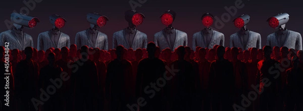 Obraz Artificial Intelligence with surveillance cameras spying on people. No secrets, no privacy concept. 3D render 3D illustration