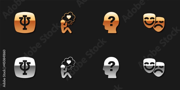 Fototapeta Set Psychology, Psi, Head with heart, question mark and Comedy and tragedy masks icon. Vector