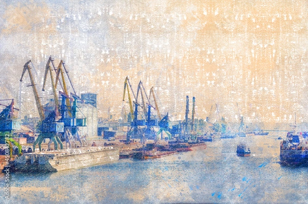 Fototapeta Seaport berths with ships, portal cranes, barges, tugboats. Cargo operations on loading, unloading of ships with various cargo. Logistics, transport industry background. Digital watercolor painting