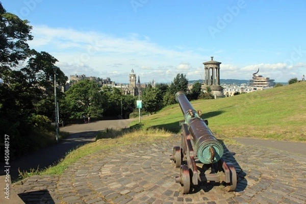 Fototapeta The Portuguese Cannon and the view from Calton Hill, Edinburgh, looking west.
