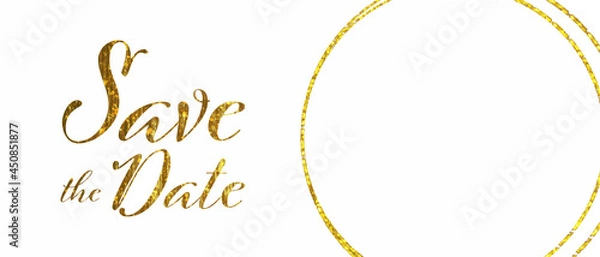 Fototapeta Gold save the date vector graphic on the white background, gold circular elements with white copy space, luxury glamour wedding invitation
