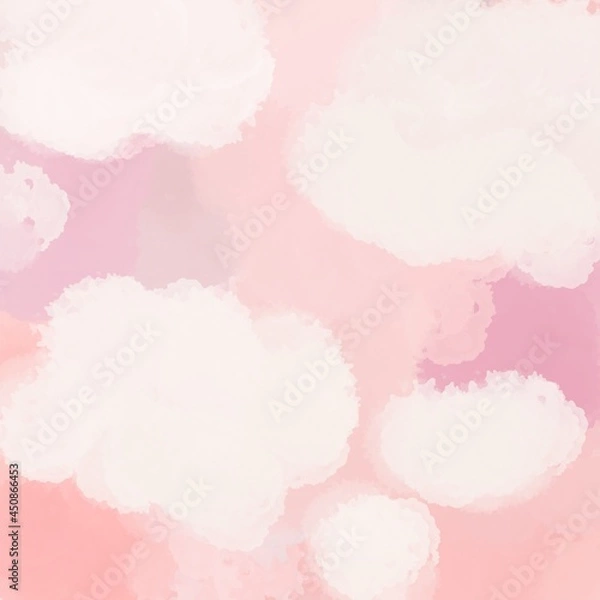 Fototapeta Watercolor, textured clouds in pastel pink color. Abstract, fluffy illustration.