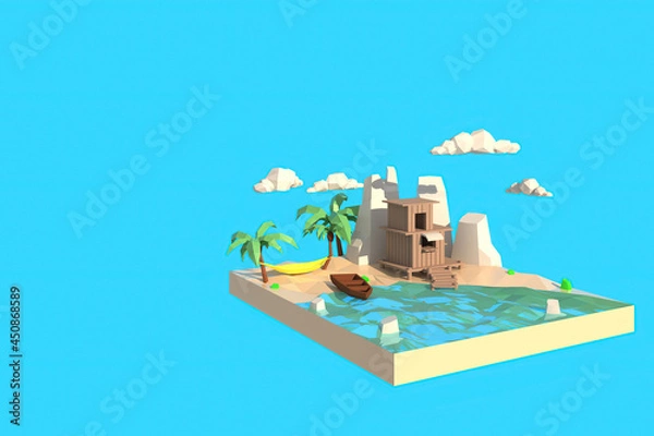 Fototapeta 3D illustrator of house by the sea. 3d rendering Low Polygon Geometry. Lowpoly Minimal Style Art.