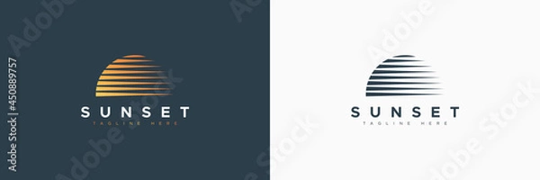 Fototapeta Abstract Sunset Logo. Geometric Lines Half of Sun with Colors and Black White Style isolated on Double Background. Flat Vector Logo Design Template Element for Nature and Vacation Logos.
