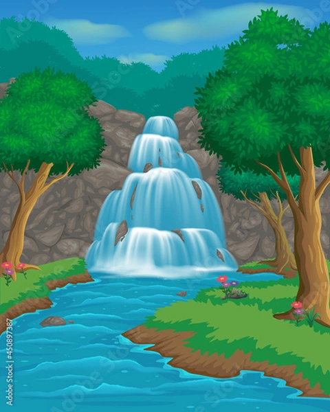Fototapeta Nature landscape with forest, cascade waterfall and river. Cartoon landscapes with waterfall and trees.