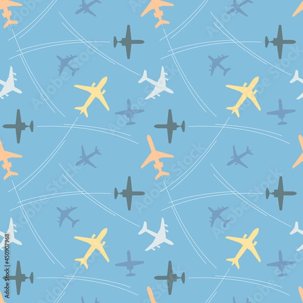 Obraz seamless pattern with multicolored passenger airplanes and flight paths