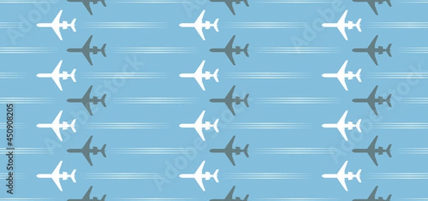 Fototapeta seamless pattern with white and gray passenger airplanes and flight paths