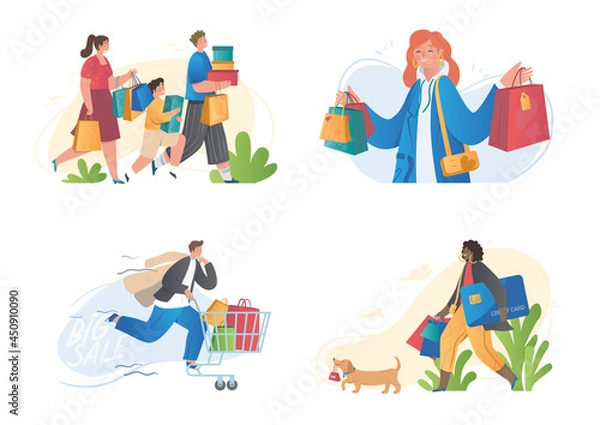 Fototapeta Set of male and female characters shopping with bags, carts during big sale on white background. Concept of people buying clothes offline in stores and showrooms. Flat cartoon vector illustration