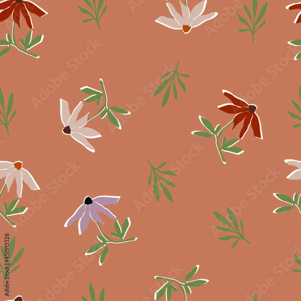 Fototapeta Modern floral abstract pattern in brown, green, cream, beige colours. Soft background. Hand drawn flowers and leaves. Perfect for greeting card, social media post, banner, wrapping paper.