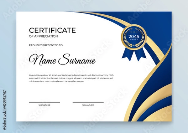 Obraz Elegant blue and gold diploma certificate template. Blue and gold Certificate of achievement template set Background with gold badge and border. Award diploma design blank. Vector Illustration