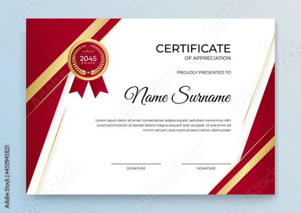 Obraz Multipurpose certificate of appreciation template with red and gold color, modern luxury border certificate design with gold badge. Certificate of appreciation template, gold and red color. 