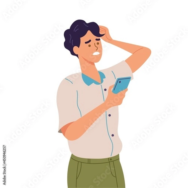 Fototapeta Man using a smartphone. A stressful man holding a phone to texting, read online news, chatting, play games, social media, usability. Person using gadget. Flat style vector illustration