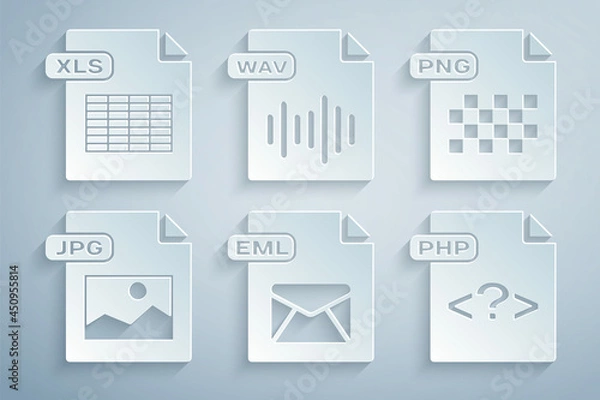 Fototapeta Set EML file document, PNG, JPG, PHP, WAV and XLS icon. Vector