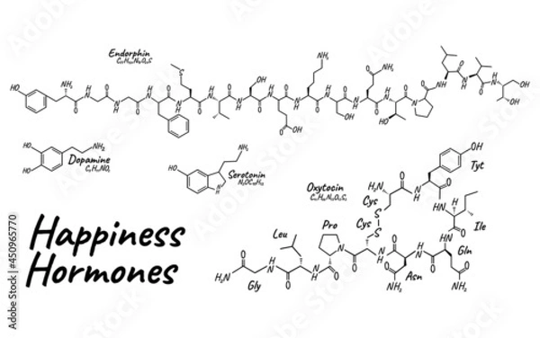 Fototapeta Human happiness hormone concept chemical skeletal formula icon label, text font vector illustration, isolated on white. Periodic element table.