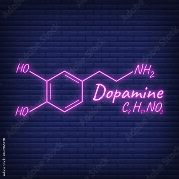 Fototapeta Human hormone dopamine concept chemical skeletal formula icon label, text font neon glow vector illustration, isolated on black. Periodic element.