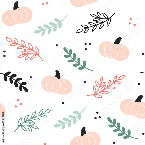 Obraz Happy Halloween childish seamless pattern with pink pumpkin and branches on a white background. Ideal for fabric, textile, wallpaper, prints scrapbooking wrapping paper invitation and party decoration
