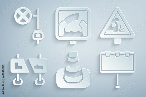 Fototapeta Set Traffic cone, Warning road sign, Road traffic, Billboard with lights, Drawbridge ahead and Stop camera icon. Vector