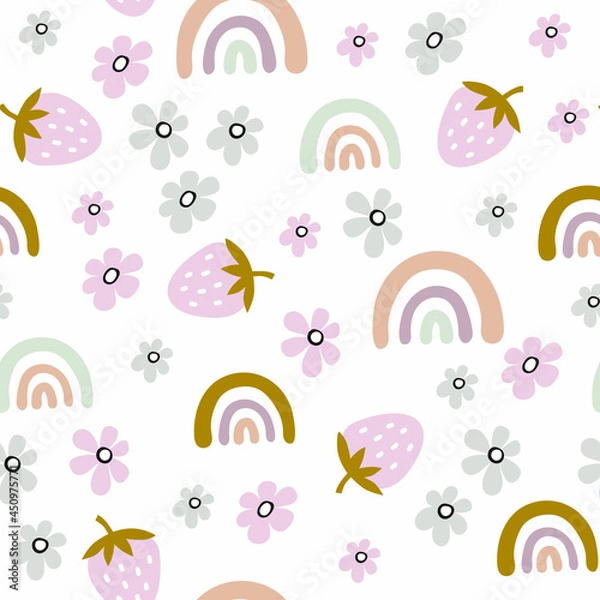 Fototapeta Childish seamless vector pattern with cute  rainbows, strawberry in Scandinavian style