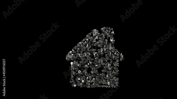 Fototapeta 3d rendering mechanical parts in shape of symbol of house isolated on black background