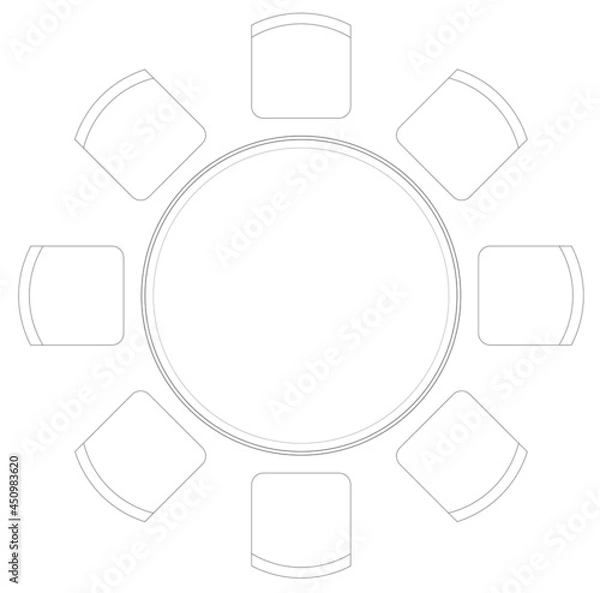 Fototapeta 2D CAD plan drawing various sizes and designs of dining table and discussion table set complete with chairs. Drawings come in black and white. The drawing is normally drawn by an architect or interior