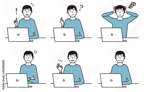 Fototapeta ノートパソコン作業中の男性のいろいろな表情イラストセット