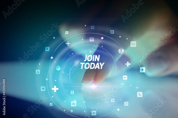 Fototapeta Finger touching tablet with social media icons concept